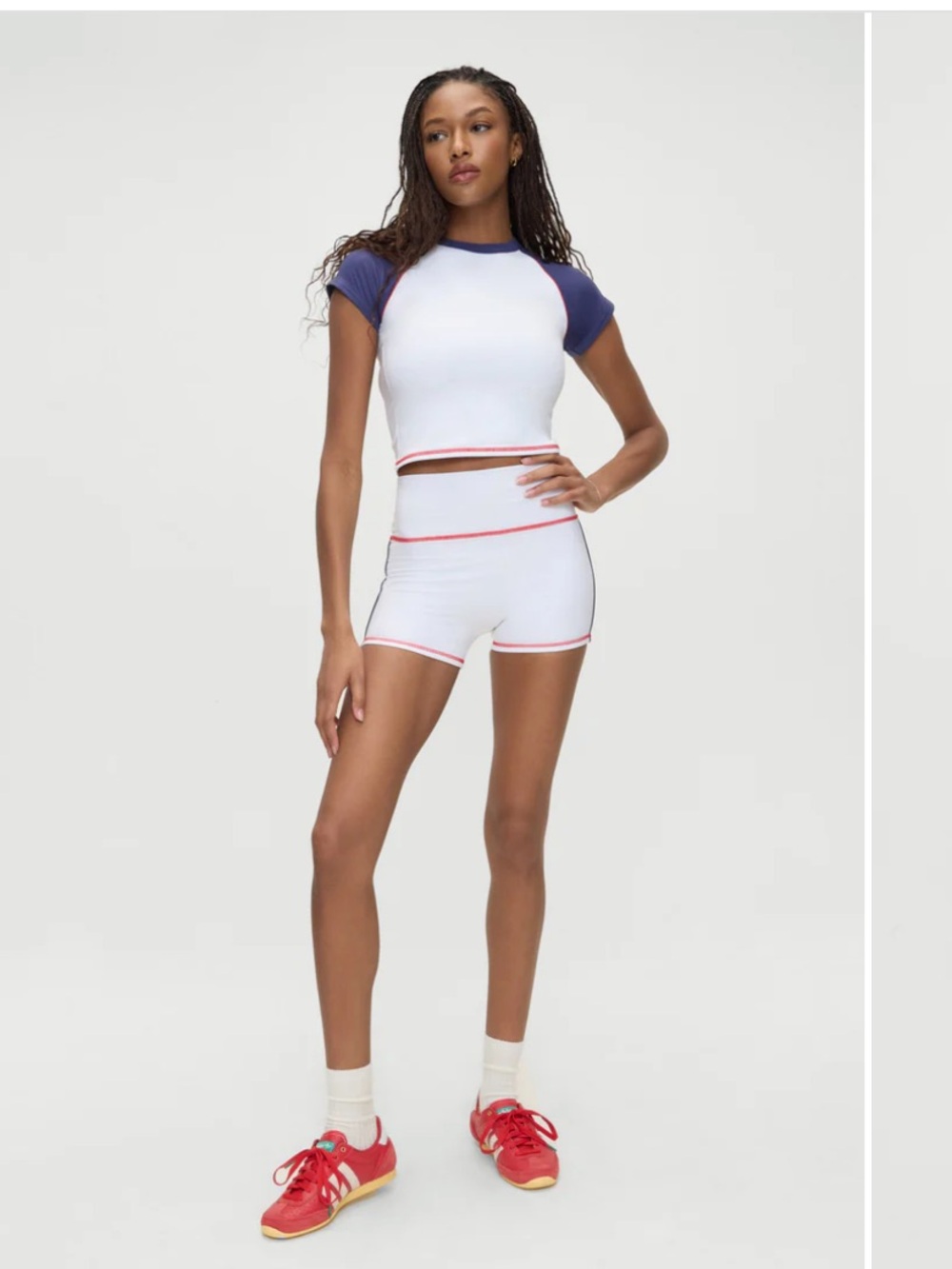 Frankie's Bikinis White Cropped Raglan Tee with Navy Sleeves and Red Trim